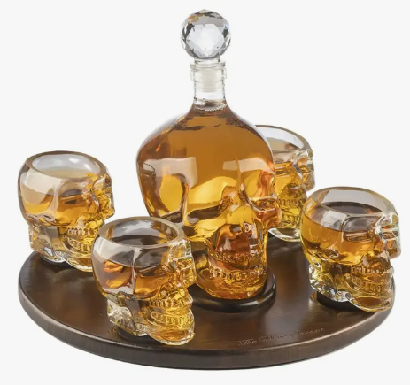 Skull Decanter Set & 4 Skeleton Shot Glasses