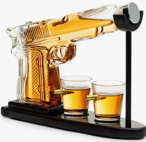 Pistol Decanter Set w/ 2 Bullet Shot Glasses & Wood Stand