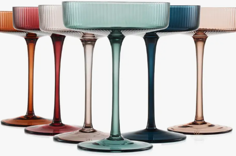 Art Deco Ribbed Pastel Cocktail Glasses - 6 Set