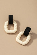 Load image into Gallery viewer, Twisted square hoop drop earrings with holographic effect.
