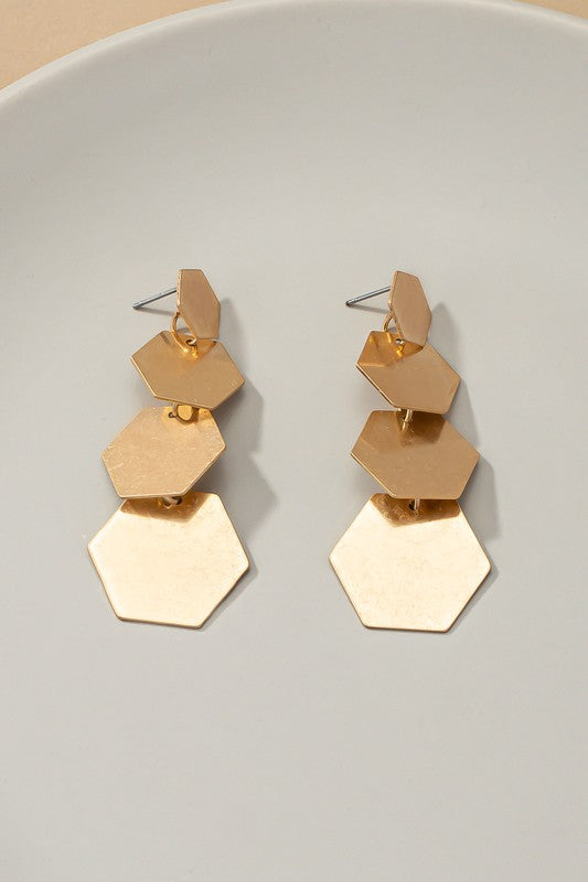 Four linked hexagon drop earrings