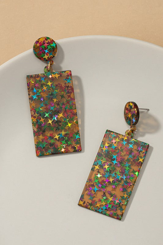 Brown Lucite rectangle drop earrings with multi color stars